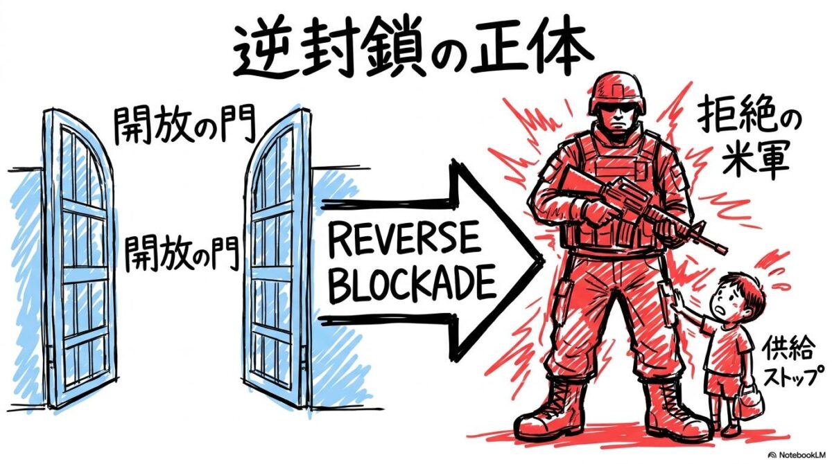 ホルムズ海峡「逆封鎖」の図解。左側に開かれた門（開放の嘘）と、右側にそれを阻む兵士（米軍の実態）の関係性をスプリット構図で表現した画像。