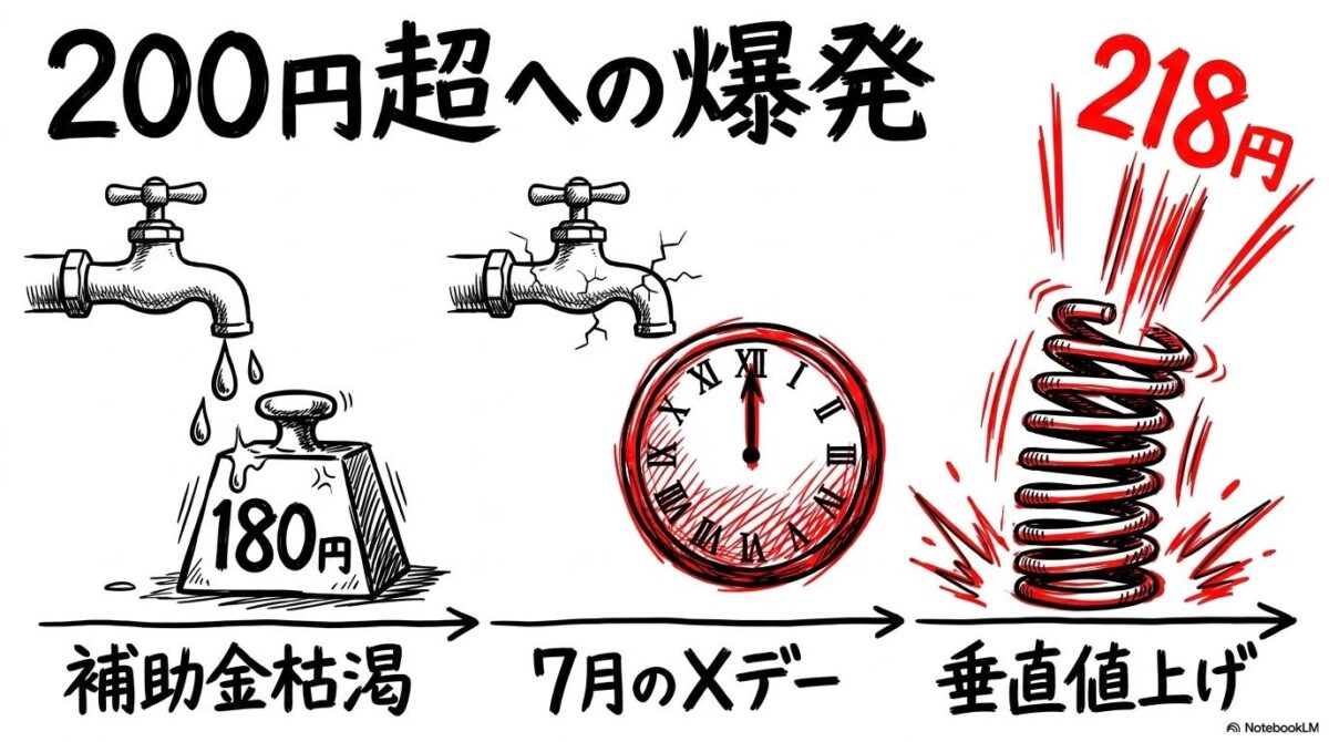 ガソリン補助金枯渇から200円突破までのカウントダウン図解。補助金という重しが外れた瞬間の急騰を、3ステップ図で表現した画像。