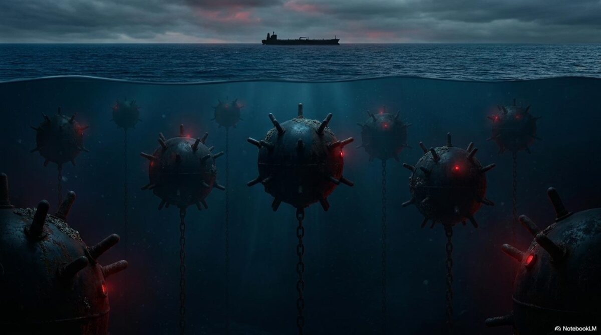 ホルムズ海峡に漂う機雷と高騰する保険料のイメージ。物理的な危険と経済的な障壁を、水面下の機雷で表現した画像。