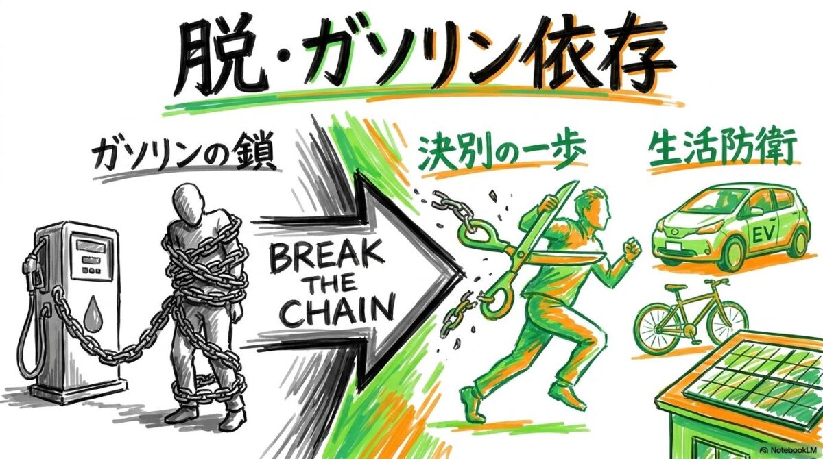 ガソリン依存からの脱却をテーマにした図解。燃料代の鎖を断ち切り、自律的な生活へシフトする様子をビフォーアフター構図で表現した画像。