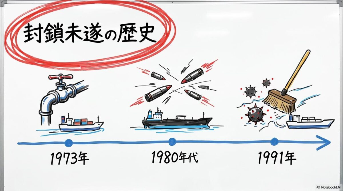 ホルムズ海峡封鎖の歴史図解。1973年、1980年代、1991年のいずれも完全封鎖には至らなかったプロセスを表現した画像。