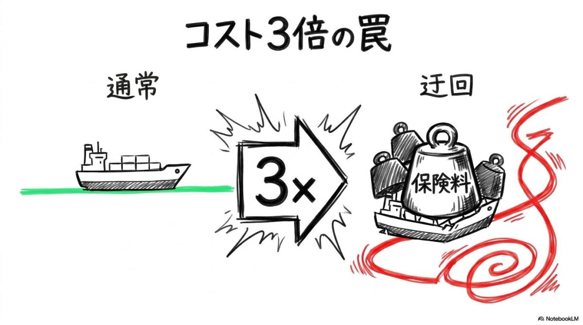 通常ルートと迂回ルートのコスト比較図解。戦争危険保険料や燃料費の増大により、コストが3倍に跳ね上がる様子を表現した画像。