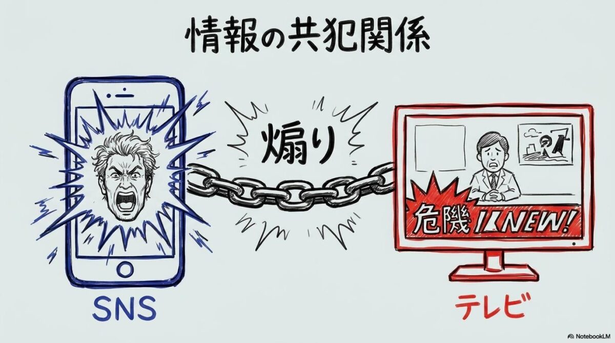 SNSの発信とテレビ報道が連動して危機を煽る構図の図解。情報の「共犯関係」を視覚化した画像。