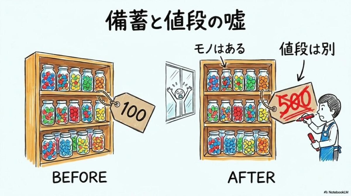 石油備蓄があるのにガソリン代が上がる理由を、お菓子屋さんの値札に例えた図解画像。