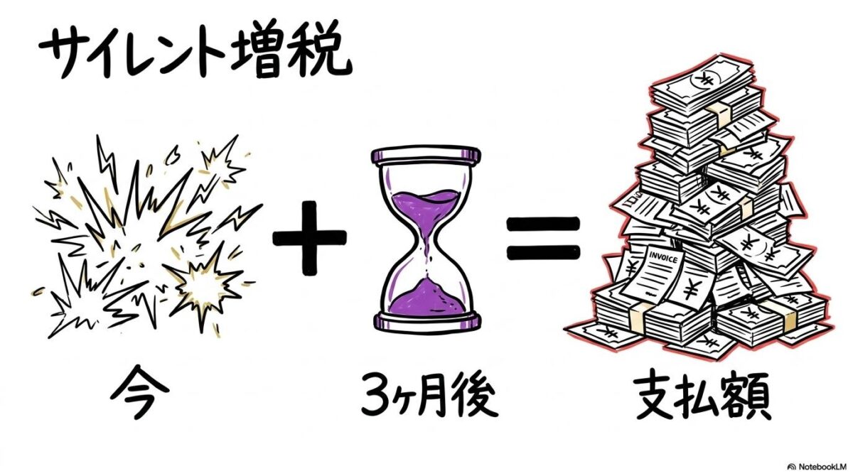 ホルムズ危機が数ヶ月遅れて家計を直撃するメカニズムの図解。燃料費調整制度によるタイムラグを表現した画像。