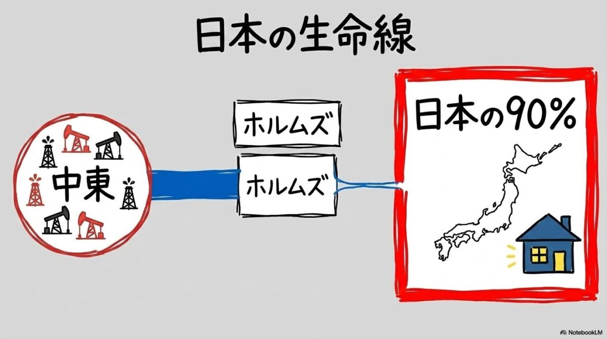 [シーレーンとは？]の図解。中東から海峡を経て日本へ届くエネルギーの流れを3ステップ図で表現した画像。
