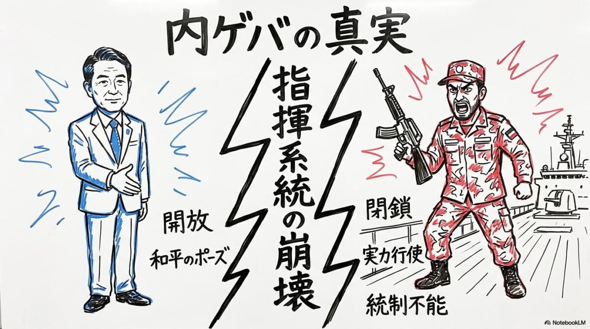 ホルムズ海峡封鎖の理由の図解。和平を装う外相と実力行使を主張する革命防衛隊の対立関係を、VS図で表現した画像。