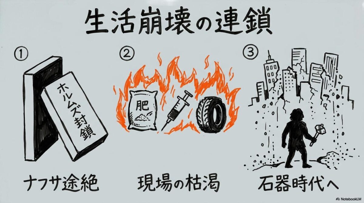 ホルムズ海峡封鎖が日本に与える影響の図解。ナフサ供給途絶から日用品消失、そして生活の崩壊に至るプロセスを、3ステップ図で表現した画像。