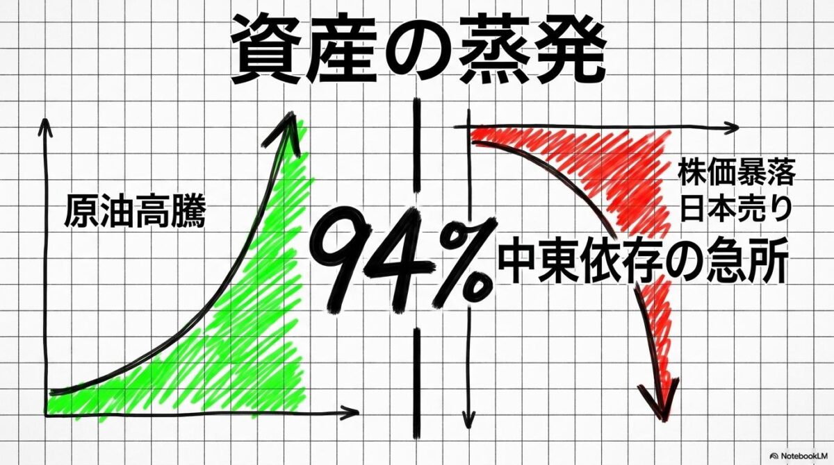 週明けの経済パニックの図解。原油高騰と株価暴落の連動性を、スプリット構図で表現した画像。