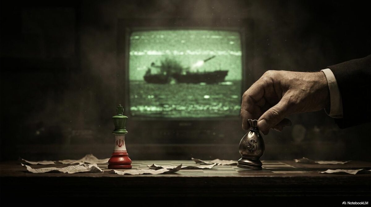 ホルムズ海峡攻撃の「偽旗作戦」説のイメージ。チェスの駒のように操られる情勢と、その裏にある仕組まれたシナリオを表現した画像。