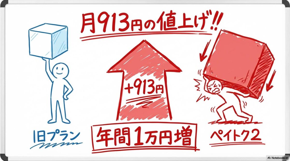ペイトク2値上げの図解。旧プランと新プランの料金差額を、ビフォーアフターで表現した画像。
