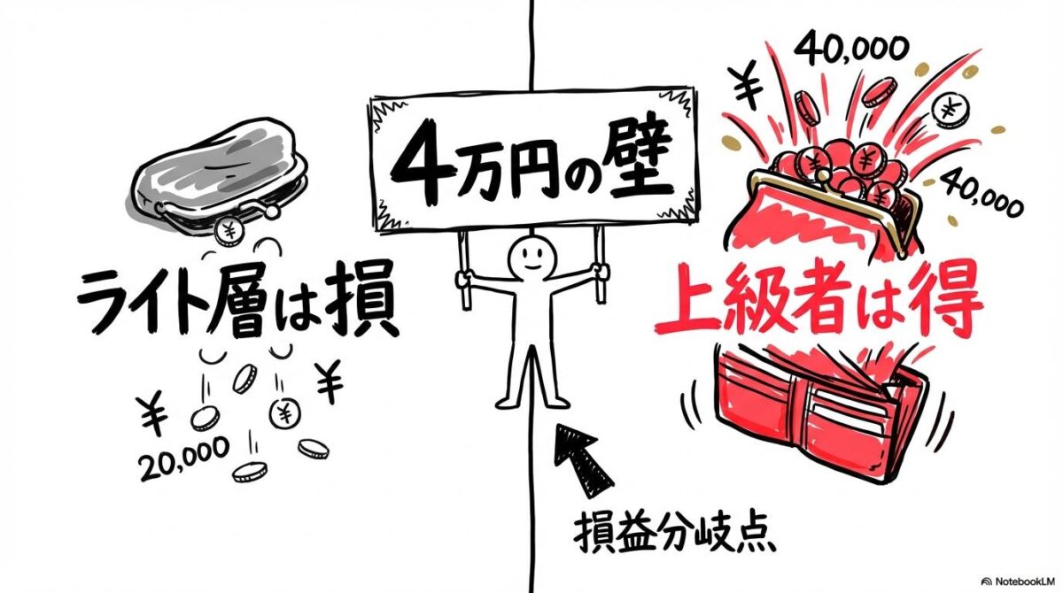 ペイトク2ポイント還元の損益分岐点図解。決済額に応じた損得の関係を、カード型で表現した画像。