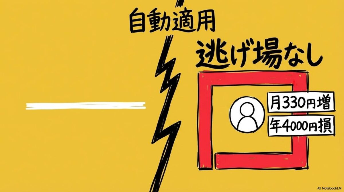 ワイモバイル自動値上げの不条理を示す図解。これまでの業界慣行と今回の強制適用を、VS図で表現した画像。