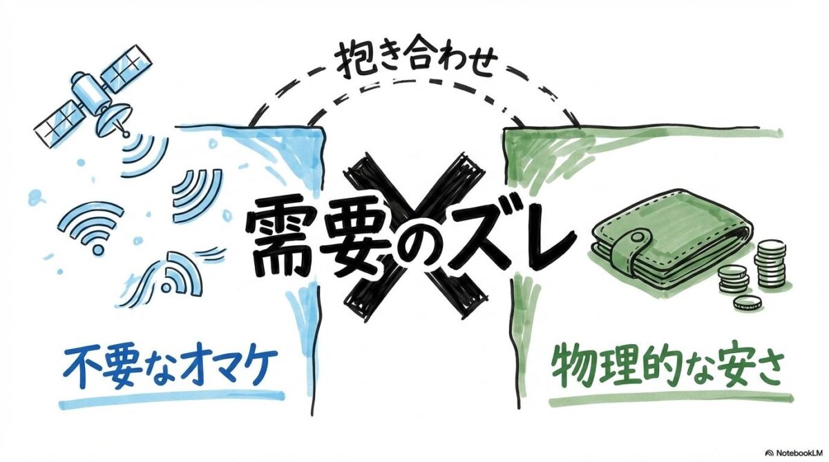 公式の特典とユーザーニーズの乖離を示す図解。不要な抱き合わせ機能を、スプリット構図で表現した画像。