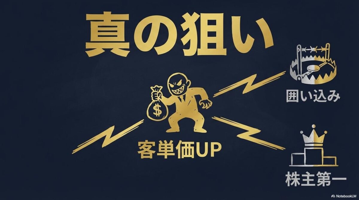 値上げの裏側にある企業戦略の図解。客単価向上を核とした多角的な狙いを、センター配置で表現した画像。
