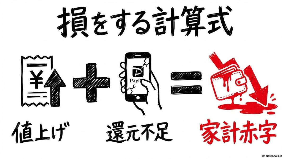 ライトユーザーが損をするメカニズムの図解。値上げと還元のバランスを、数式図で表現した画像。