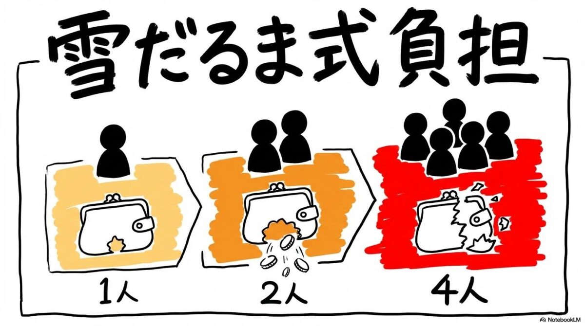 家族人数ごとの年間負担増の図解。人数に比例して家計ダメージが増える様子を、3ステップ図で表現した画像。