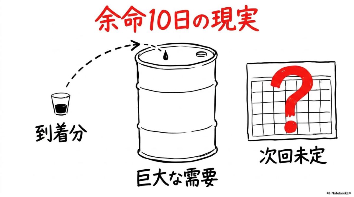 到着するタンカー12隻の量と日本の巨大な需要の対比図解。供給の少なさとその先の不透明さを表現した画像。