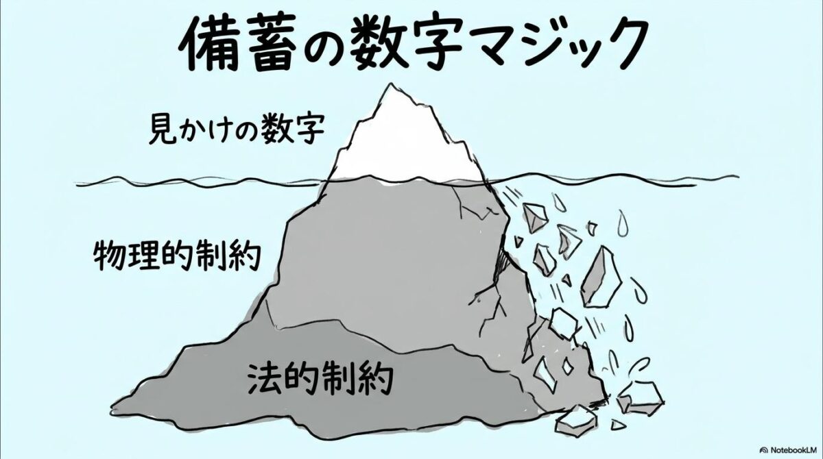 石油備蓄254日の内訳と制約を氷山に例えた図解。公式発表と実効的な量の乖離を表現した画像。