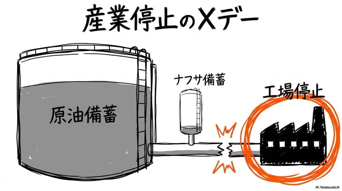 原油備蓄とナフサ備蓄の圧倒的な差を示す図解。ナフサ不足による工場停止のメカニズムを表現した画像。