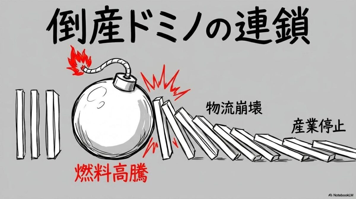 燃料高騰と原料不足が引き起こす企業倒産の連鎖（ドミノ）図解。各業界への波及プロセスを表現した画像。