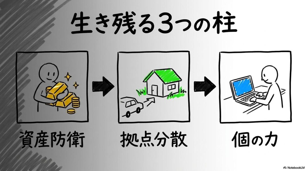 個人が取るべき3つの自己防衛策（資産・拠点・稼ぐ力）のステップ図解。
