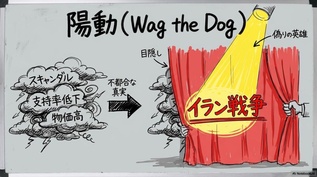 国内スキャンダルから目をそらすために戦争カードを切る「陽動政治」の構造を図解したイメージ。