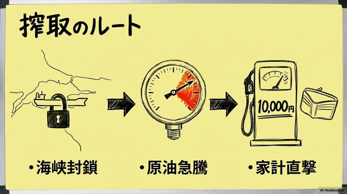 ホルムズ海峡封鎖から原油高騰、そして日本の家計直撃に至る「経済的搾取」のメカニズムを3ステップで解説した図解。