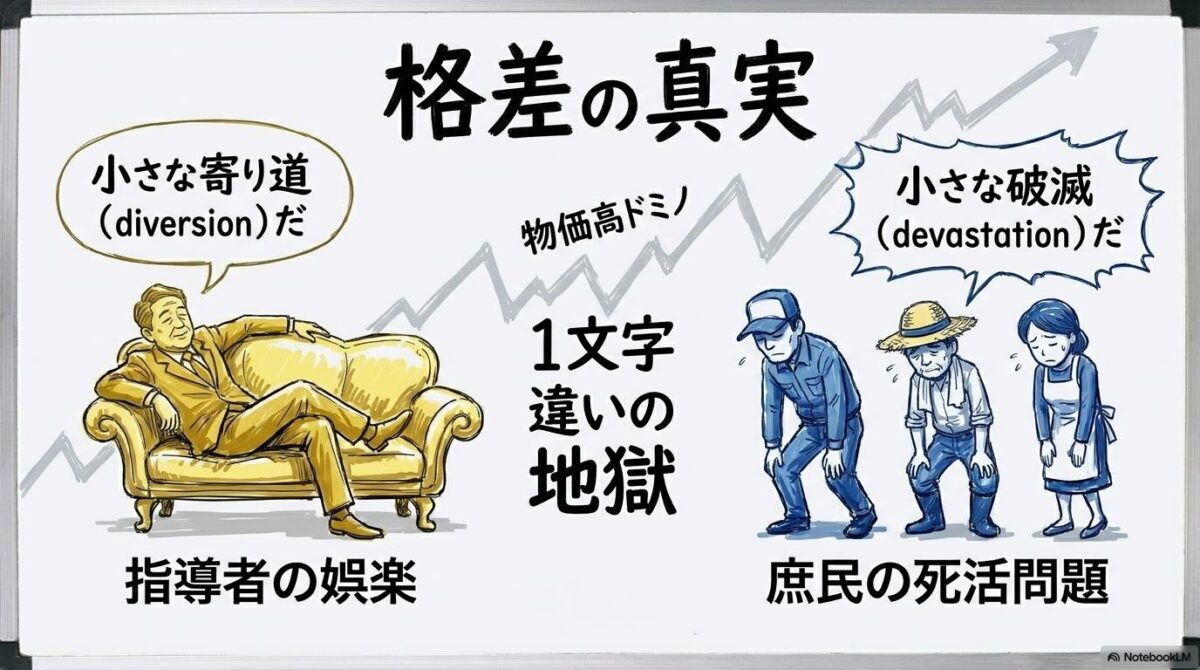 トランプの「小さな陽動」が、日本の庶民にとっては「小さな破滅」であるという残酷な対比を描いた図解。