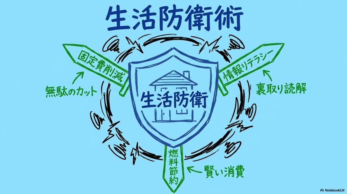 陽動戦争による物価高の嵐から家計を守るための、3つの具体的なサバイバル戦略を示した図解。