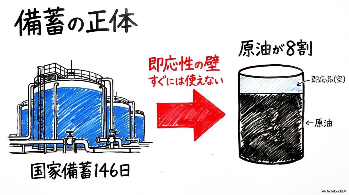 石油備蓄254日分の内訳の図解。左側に国家備蓄基地の写真、右側に原油が大部分を占め即応性が低いことを示すグラフを配置した左右分割構図。