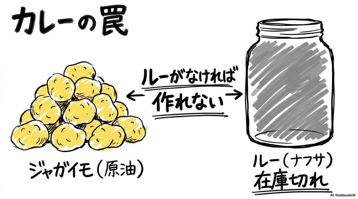 石油備蓄の比喩図解。大量のジャガイモ（原油）があってもルー（ナフサ）がないためカレー（日用品）が作れないことを表現した対比図。