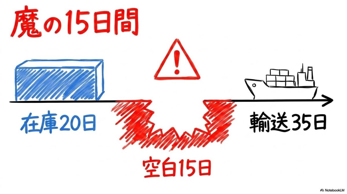 ナフサ危機のカウントダウン図解。在庫20日と輸送35日の間に生まれる15日間の供給途絶を3ステップのプロセス図で表現。