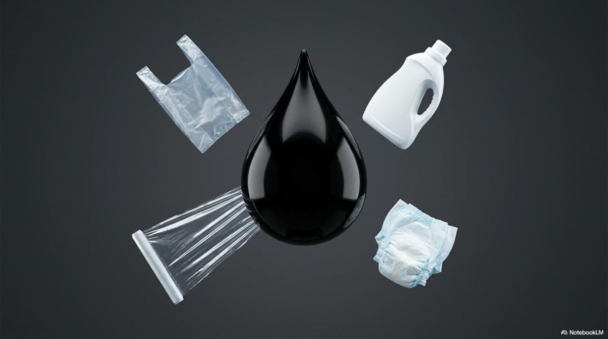 ナフサから作られる主要な日用品のイメージ。中央の石油からゴミ袋、洗剤、オムツ、ラップが生まれていることを示したセンター配置の画像。