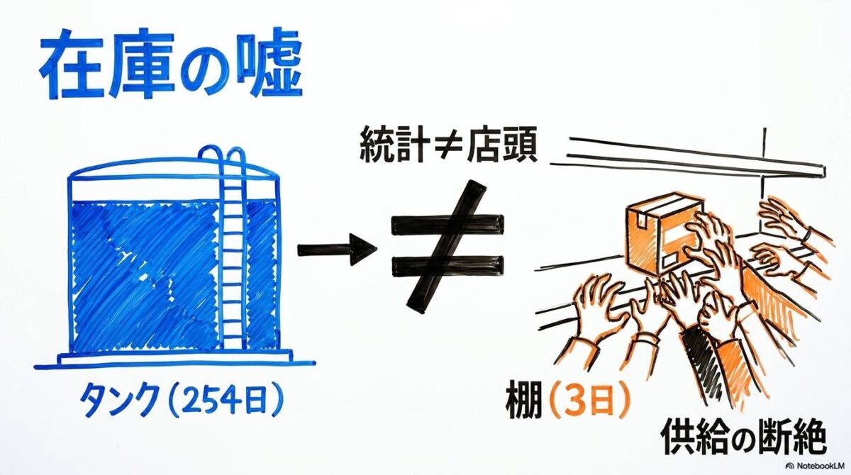 統計上の在庫と店頭在庫のギャップの図解。巨大なタンクの在庫があっても、店頭の棚が数時間で空になるメカニズムを表現したビフォーアフター図。