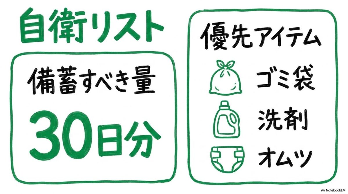 自衛のための備蓄リスト図解。30日分の必要量と、優先すべき日用品アイテムをカード型で整理した画像。