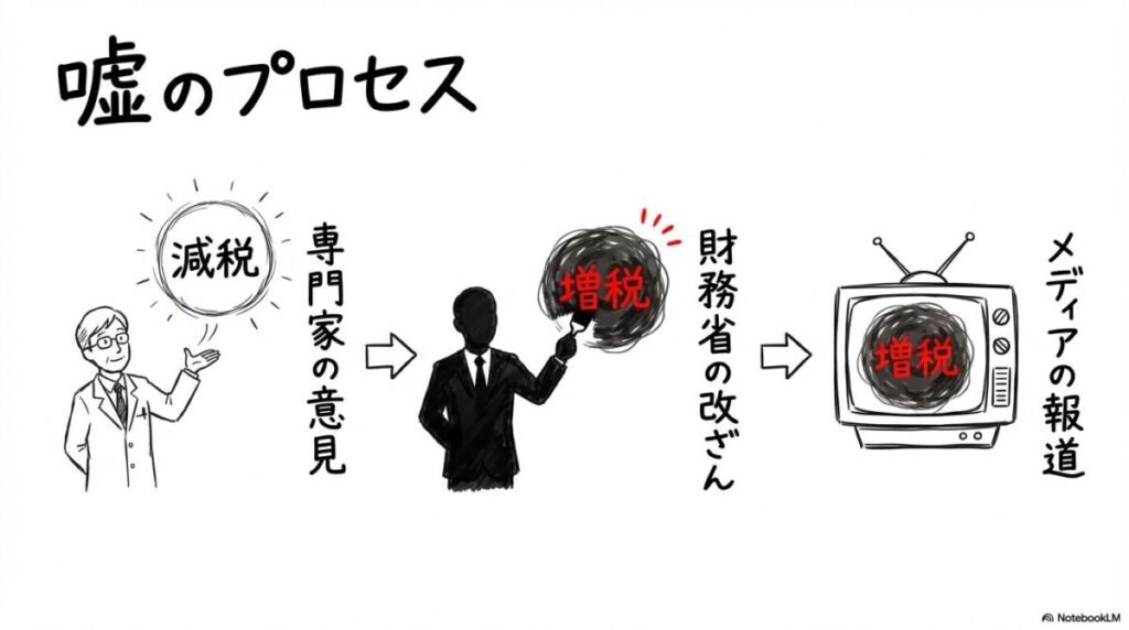 炎上の発端:プレジデントが報じた「嘘の翻訳資料」の全貌の図解。専門家の意見が財務省によって改ざんされ、メディアで報道されるまでの流れを、3ステップ図で表現した画像。