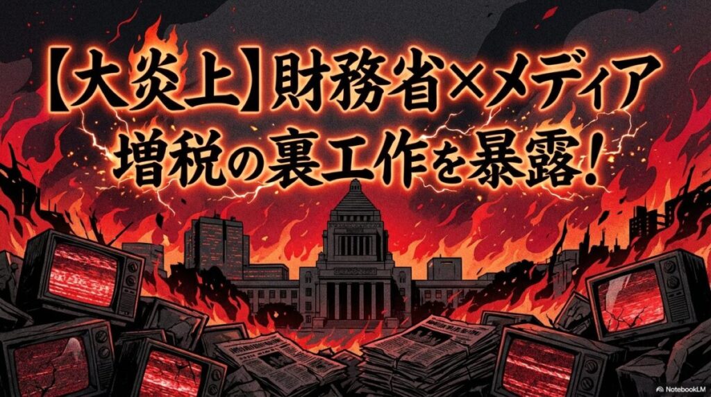 炎上する霞が関のシルエットと古いテレビや新聞の束を描いたグラフィック。この記事のテーマである「財務省とオールドメディアによる消費税減税潰しの炎上」を象徴する一枚。