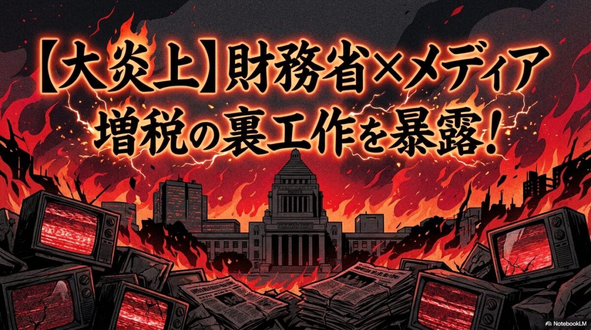 炎上する霞が関のシルエットと古いテレビや新聞の束を描いたグラフィック。この記事のテーマである「財務省とオールドメディアによる消費税減税潰しの炎上」を象徴する一枚。