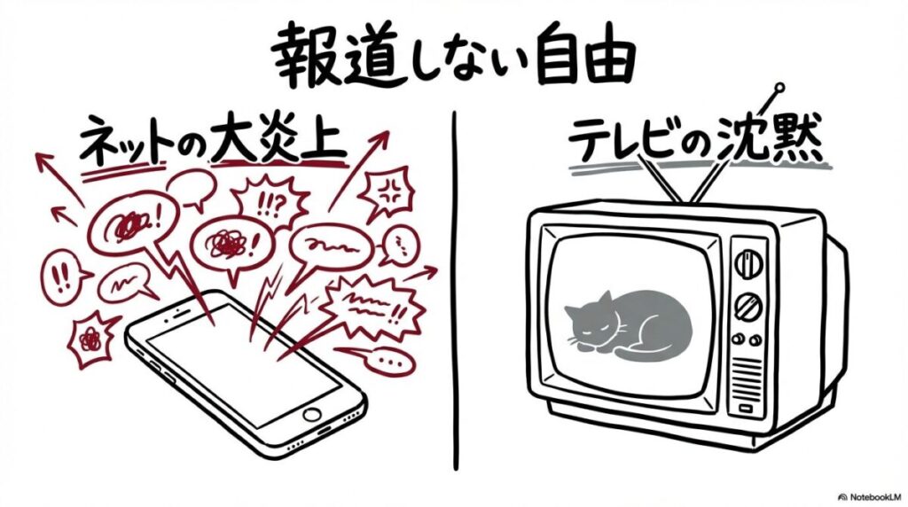 ネットで爆発!「消えて無くなれ国賊」国民の生々しい怒りの声の図解。ネットの大炎上とテレビの沈黙の関係性を、スプリット(左右分割)で表現した画像。
