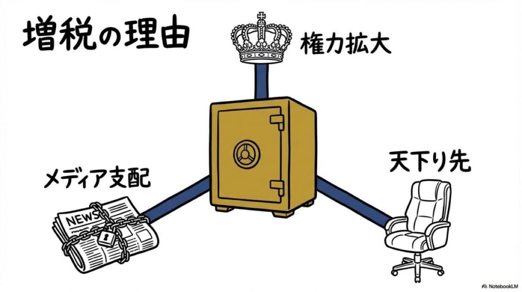 なぜ財務省は「消費税減税」を絶対に許さないのか?の図解。消費税と権力、メディア支配、天下りの関係性を、センター配置で表現した画像。