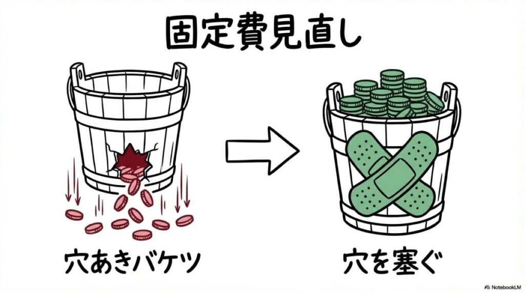 取られる前に防ぐ!固定費(不要な保険・通信費)の徹底的な見直しの図解。見直し前と見直し後の家計の状態を、ビフォーアフター(状態変化)で表現した画像。