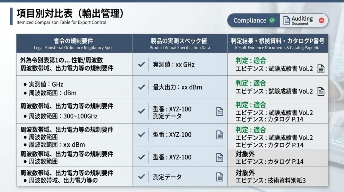 項目別対比表の3段構成フォーマット（省令規制要件・製品実測スペック・判定結果と根拠エビデンス）