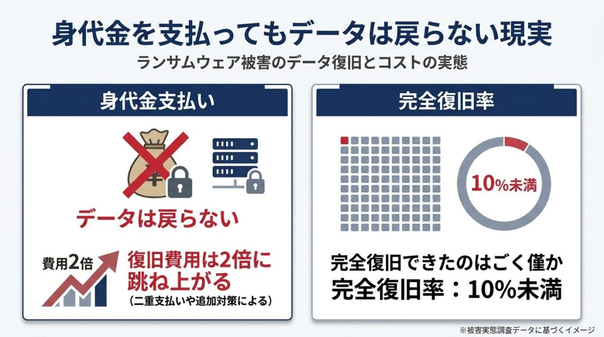 身代金を支払ってもデータは戻らない現実（復旧率と復旧コスト倍増のデータ）