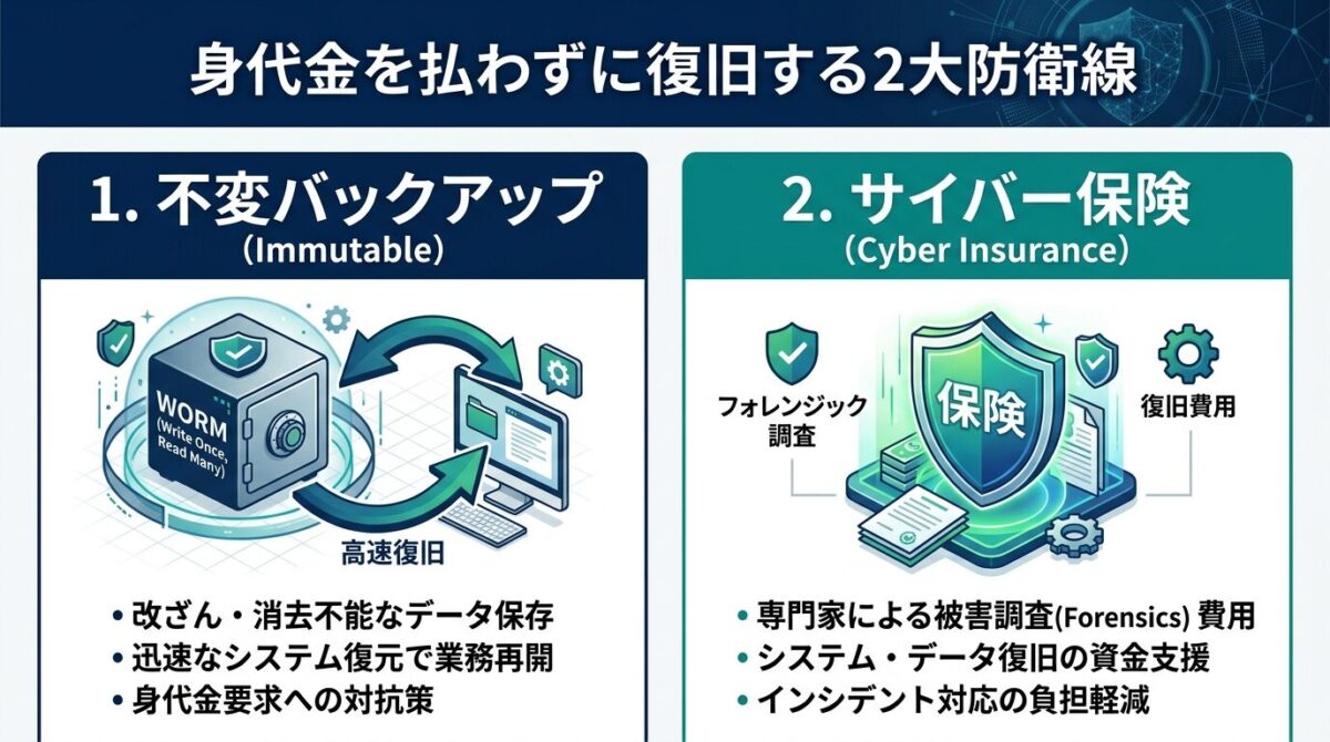 身代金を払わずに復旧する2大防衛線（不変バックアップとサイバー保険の補償領域）