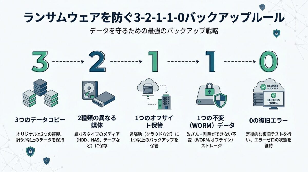 ランサムウェアを防ぐ3-2-1-1-0バックアップルール（5つの要件と実践手順）